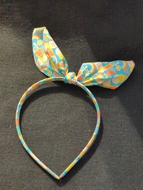 Kids Bow Headband in Turquoise & Yellow Easter Chick And Flowers